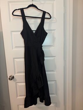 Blue Rain Black Satin Wrap Midi Dress SZ L w/Ruffle Detail Sleeveless flowy NWT